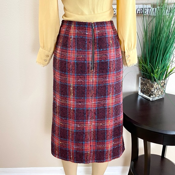 HALOGEN  | Red Plaid Wool Midi Pencil Skirt Sz 12 - Picture 5 of 9